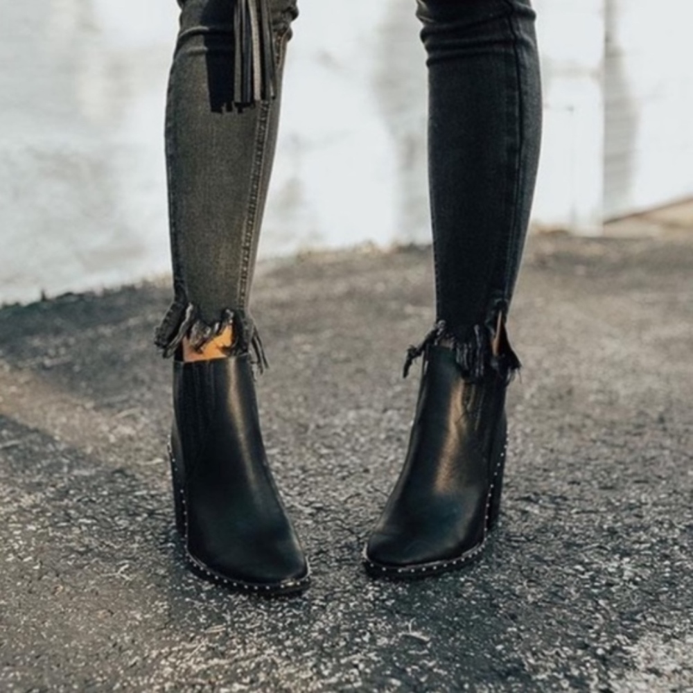Black Studded Heeled Ankle Booties - Picture 2 of 3